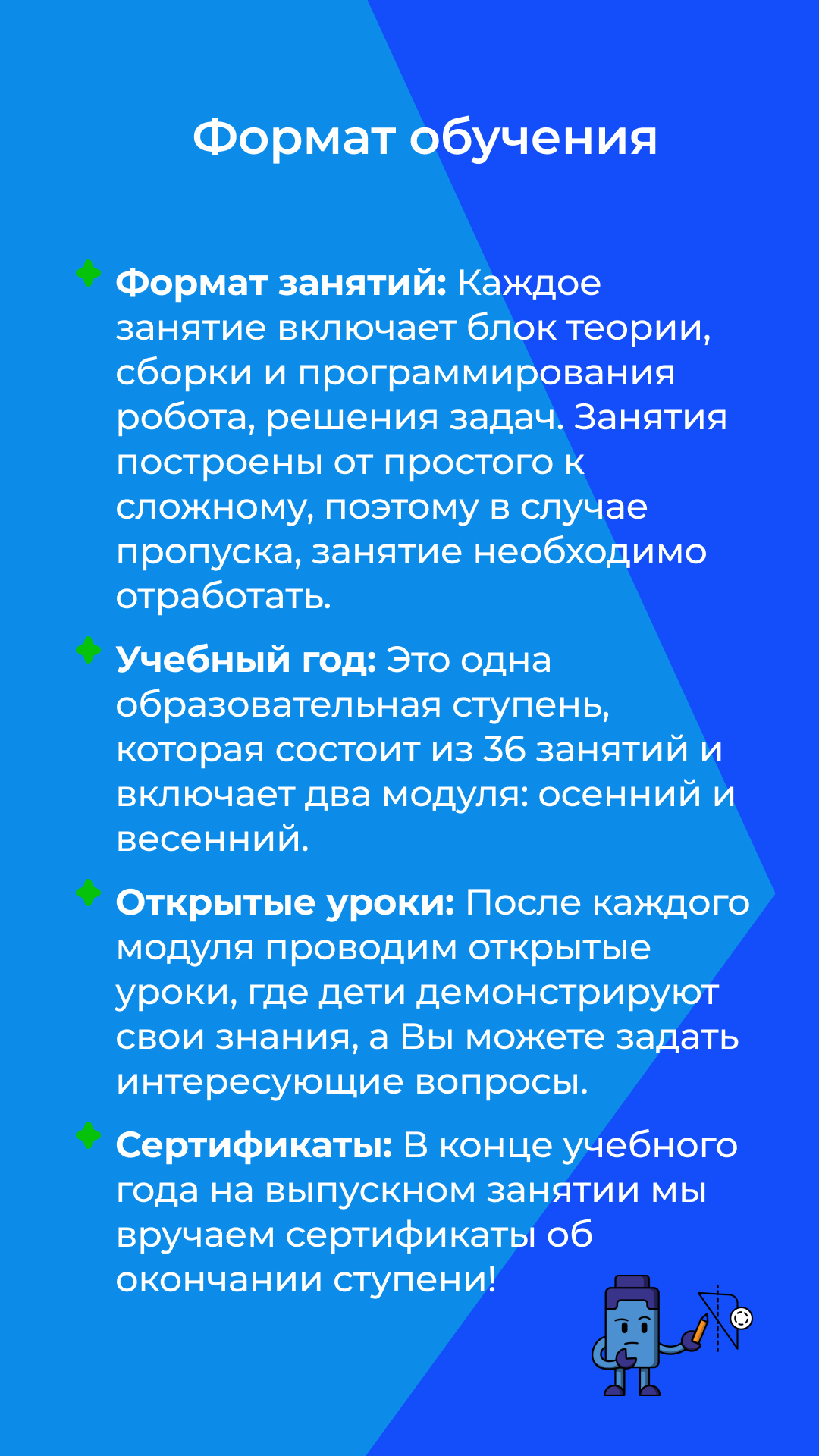 Баннер «Формат обучения» Лиги Роботов: теория + сборка и программирование, учебный год 36 занятий, открытые уроки и сертификаты — Екатеринбург