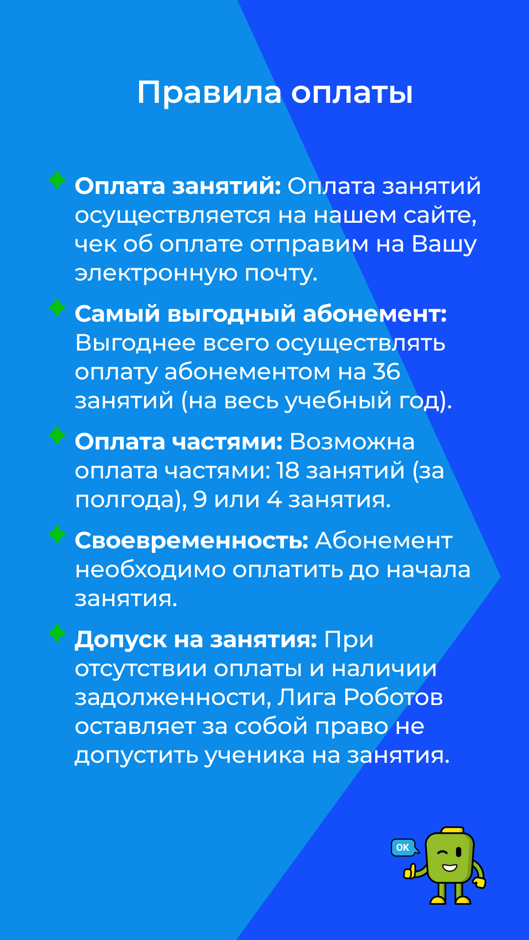 Баннер «Правила оплаты» Лиги Роботов, Екатеринбург: оплата на сайте, выгодный абонемент на 36 занятий, оплата частями 18/9/4, оплата до начала, допуск при отсутствии задолженности; синий фон и маскот