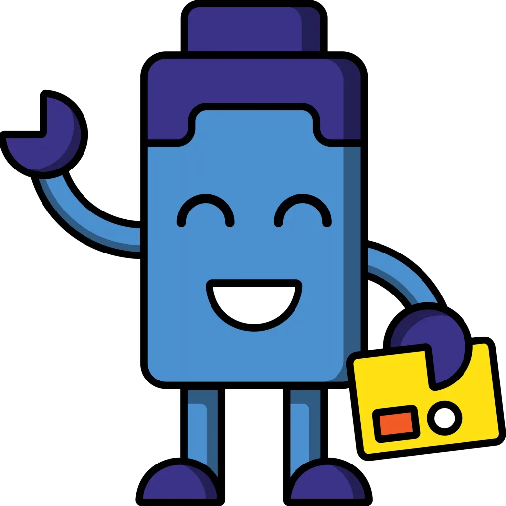 Синий мультяшный робот-маскот Лиги Роботов улыбается, машет рукой и держит жёлтую карточку на прозрачном фоне