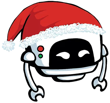 Зимний маскот Лиги Роботов — белый мультяшный робот с клешнями в шапке Санты, PNG на прозрачном фоне (Екатеринбург)