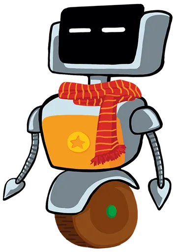 Мультяшный робот на одном колесе в шарфе — зимний маскот Лиги Роботов, Екатеринбург (прозрачный фон)